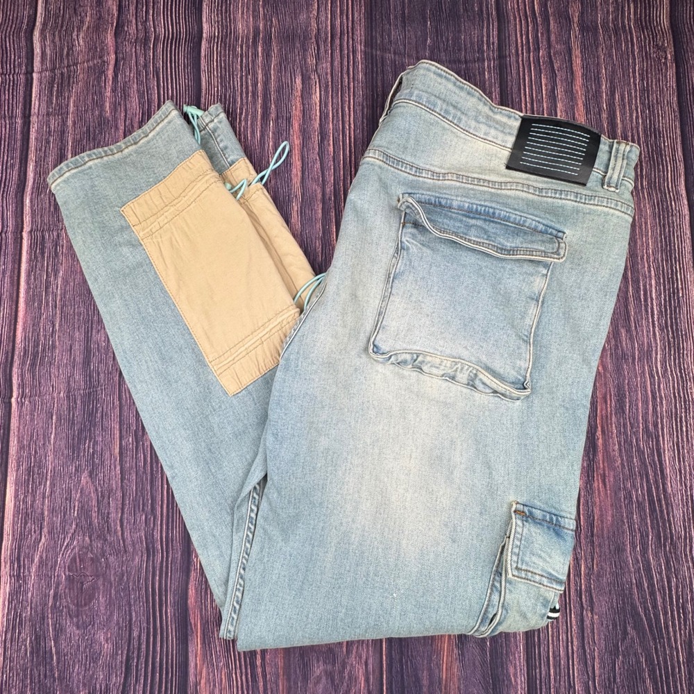 Serenede Cargo Jeans 44 Cotton Spandex Streetwear Tactical Light Wash Denim